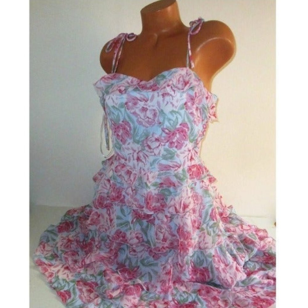 WAYF Chiffon Tiered Ruffle Dress Midi Size XL Tie Shoulder Pastel Blue Pink $138